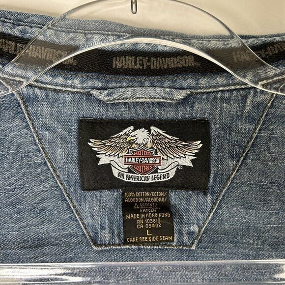 Harley Davidson Denim Jean Vest Womens Size Large Logo Buttons Biker Cut - Picture 3 of 13